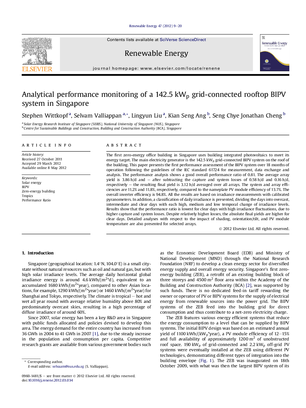 Analytical performance monitoring of a 142.5 kWp grid-connected rooftop BIPV system in Singapore