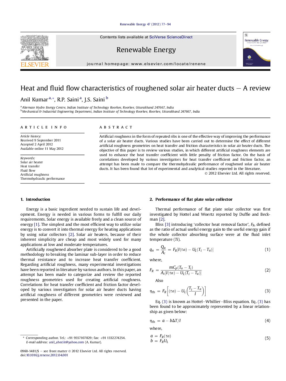 Heat and fluid flow characteristics of roughened solar air heater ducts – A review