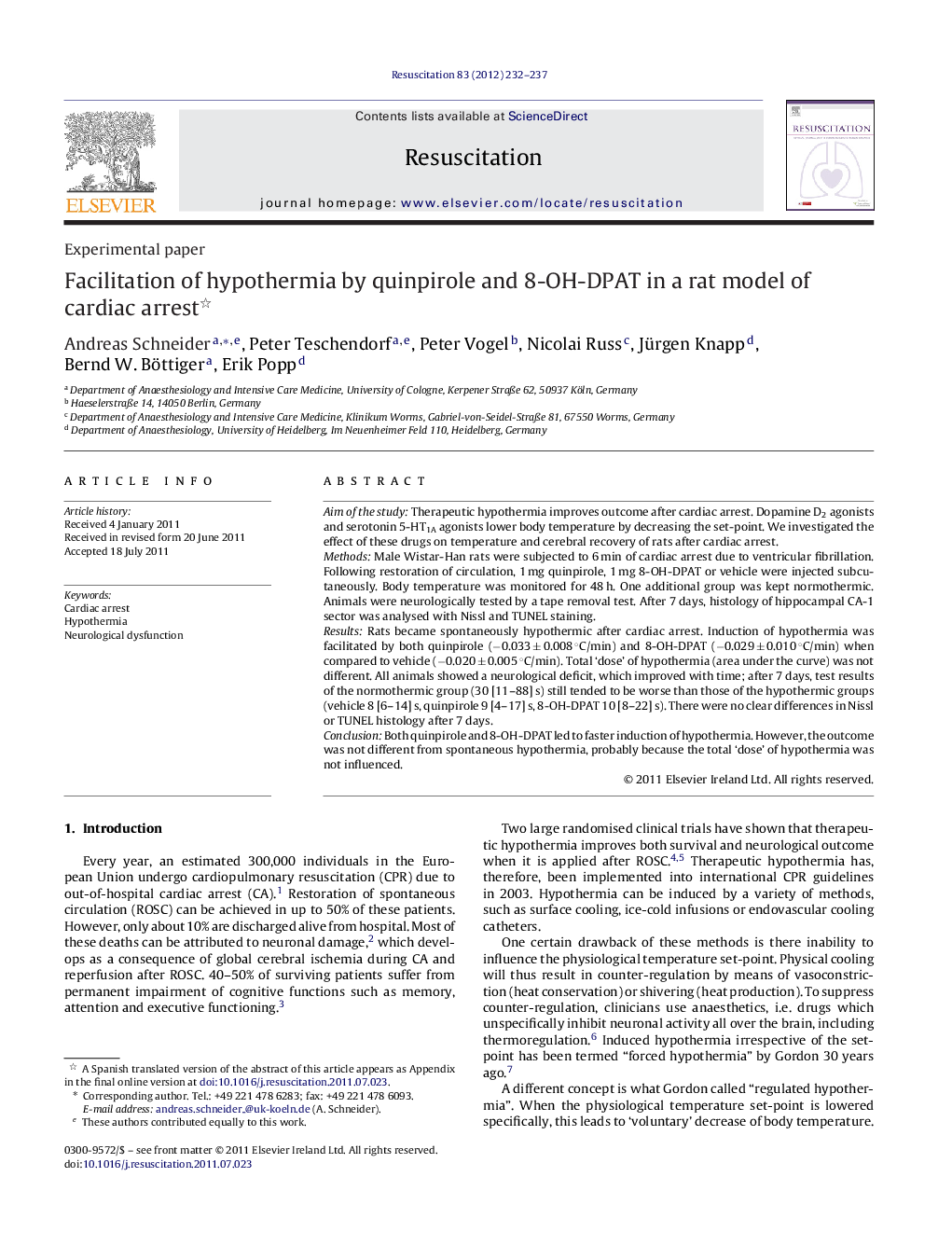 Facilitation of hypothermia by quinpirole and 8-OH-DPAT in a rat model of cardiac arrest 