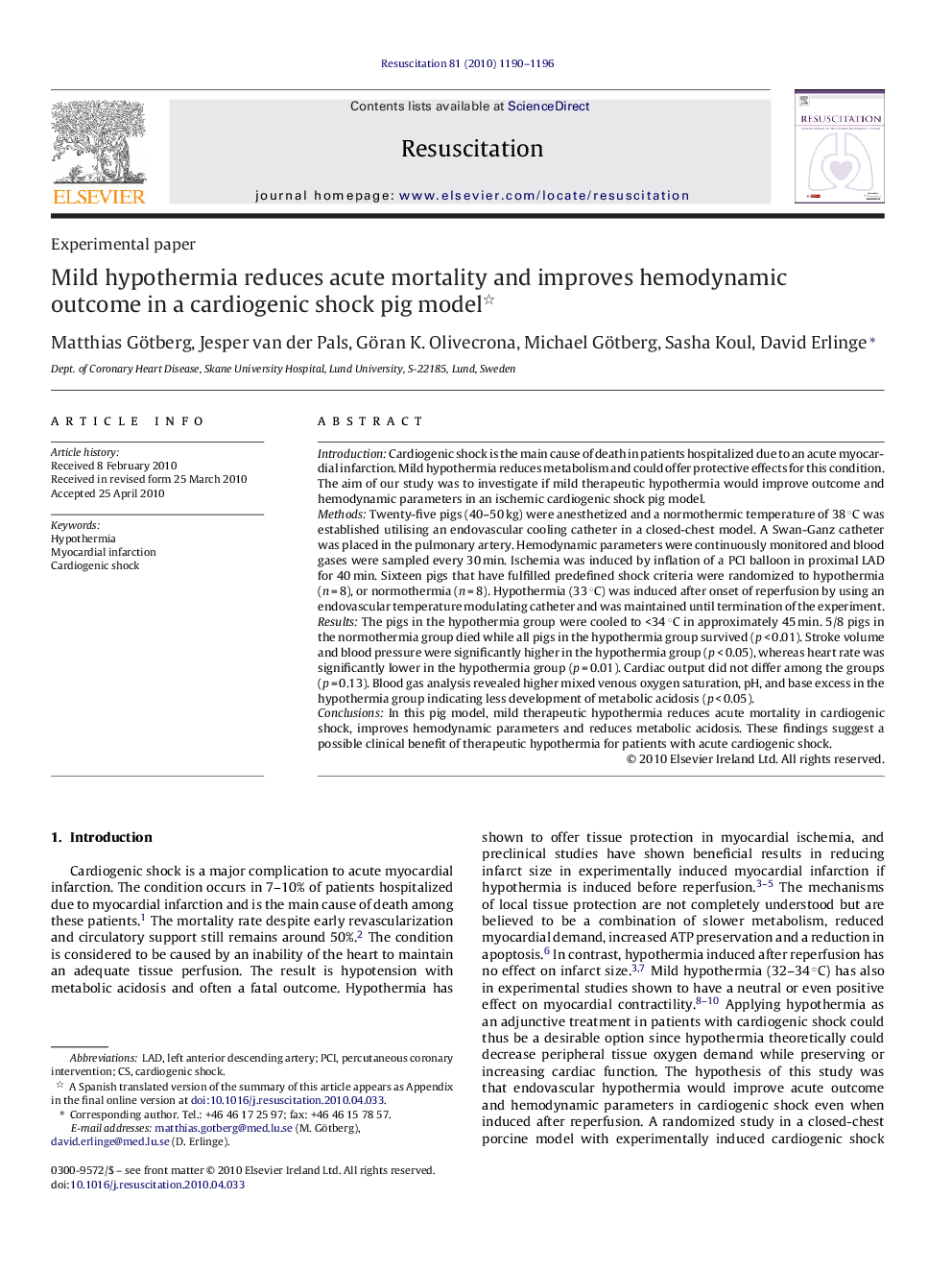 Mild hypothermia reduces acute mortality and improves hemodynamic outcome in a cardiogenic shock pig model 