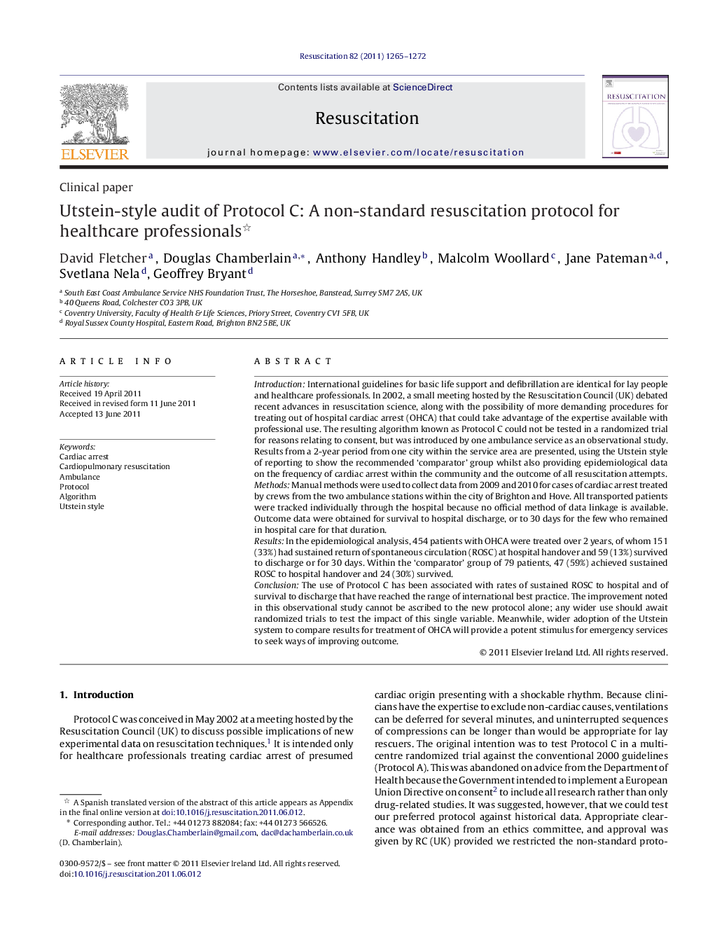 Utstein-style audit of Protocol C: A non-standard resuscitation protocol for healthcare professionals 