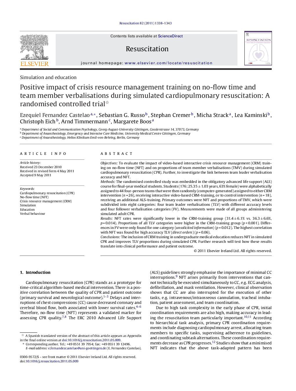 Positive impact of crisis resource management training on no-flow time and team member verbalisations during simulated cardiopulmonary resuscitation: A randomised controlled trial 