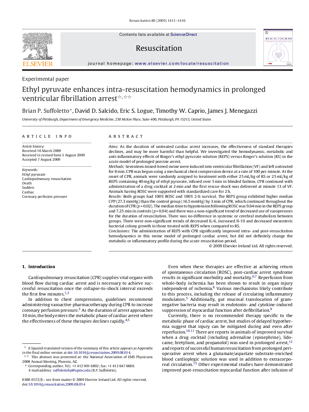 عکس صفحه اول مقاله: Ethyl pyruvate enhances intra-resuscitation hemodynamics in prolonged ventricular fibrillation arrest Ethyl pyruvate enhances intra-resuscitation hemodynamics in prolonged ventricular fibrillation arrest