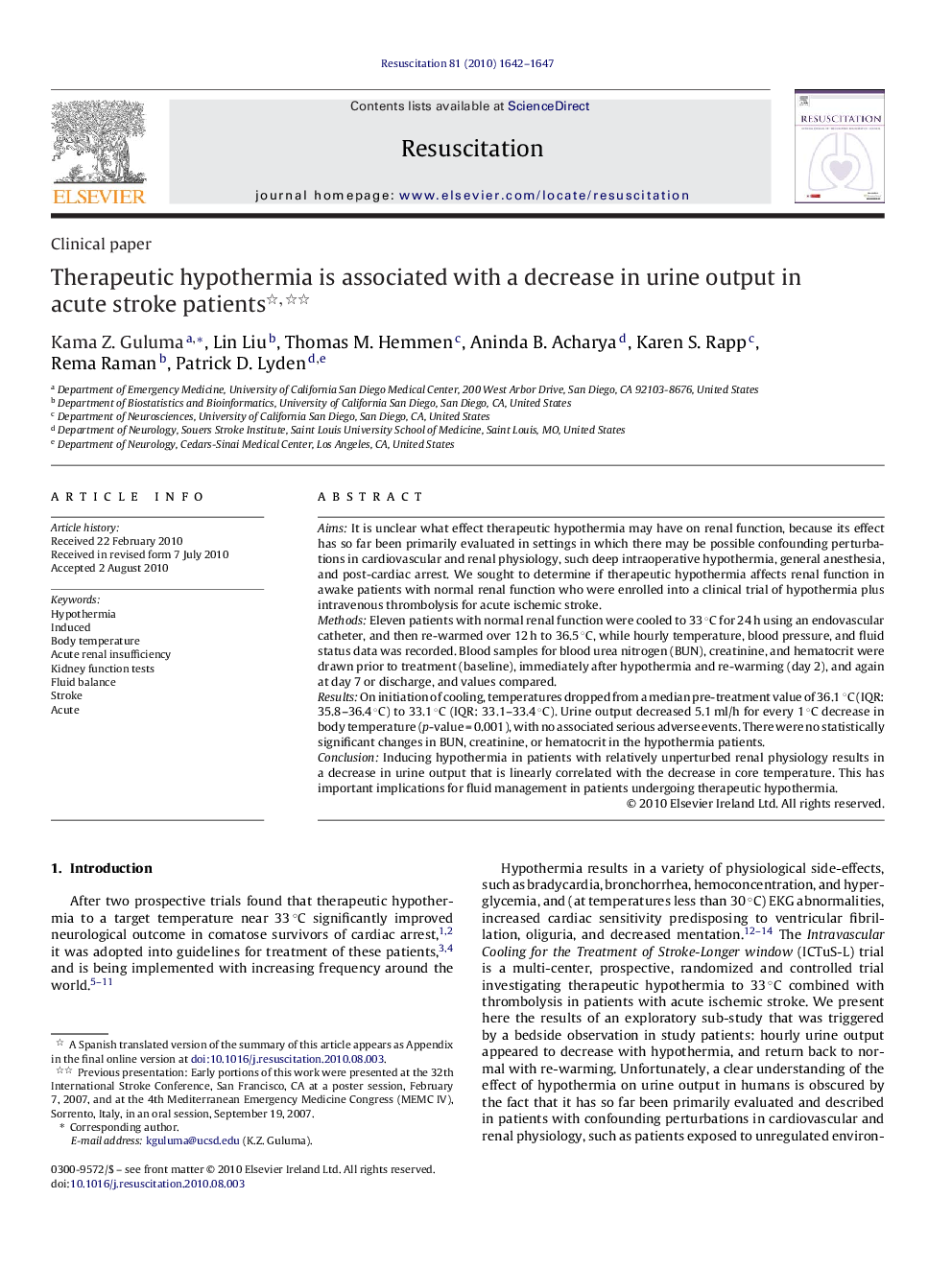 Therapeutic hypothermia is associated with a decrease in urine output in acute stroke patients 