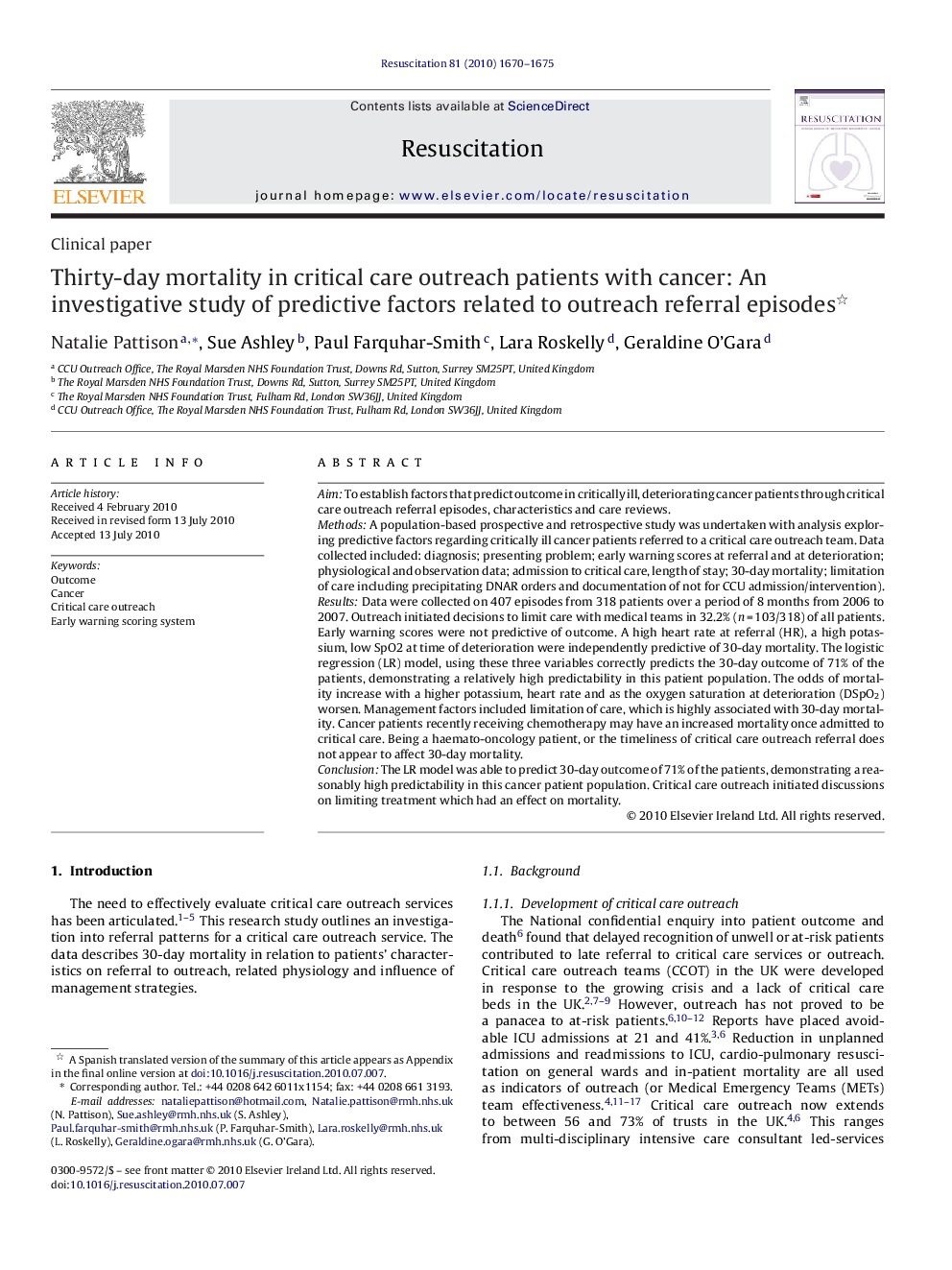 Thirty-day mortality in critical care outreach patients with cancer: An investigative study of predictive factors related to outreach referral episodes 