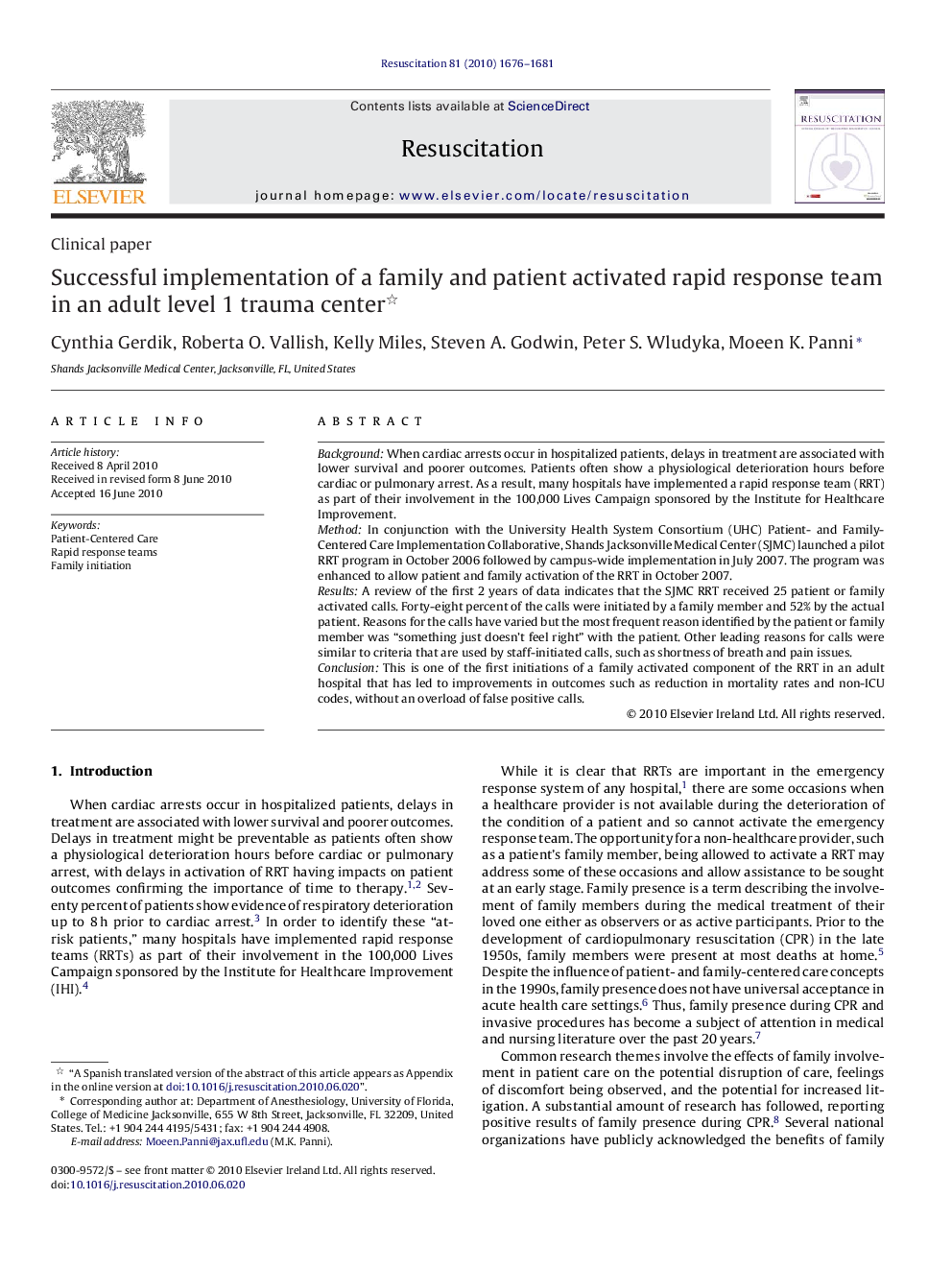 Successful implementation of a family and patient activated rapid response team in an adult level 1 trauma center 