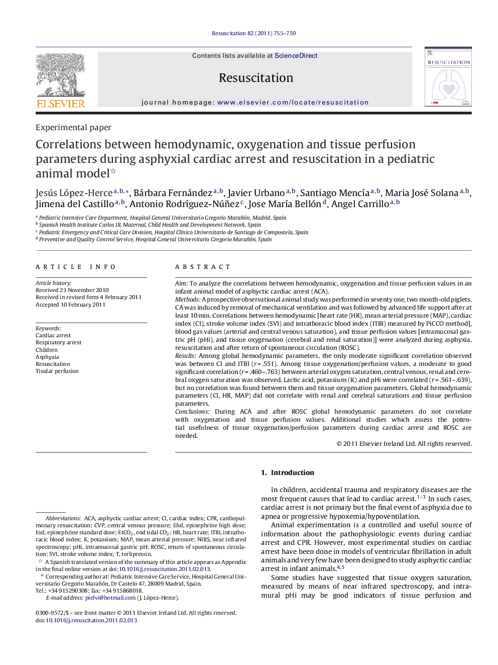 Correlations between hemodynamic, oxygenation and tissue perfusion parameters during asphyxial cardiac arrest and resuscitation in a pediatric animal model