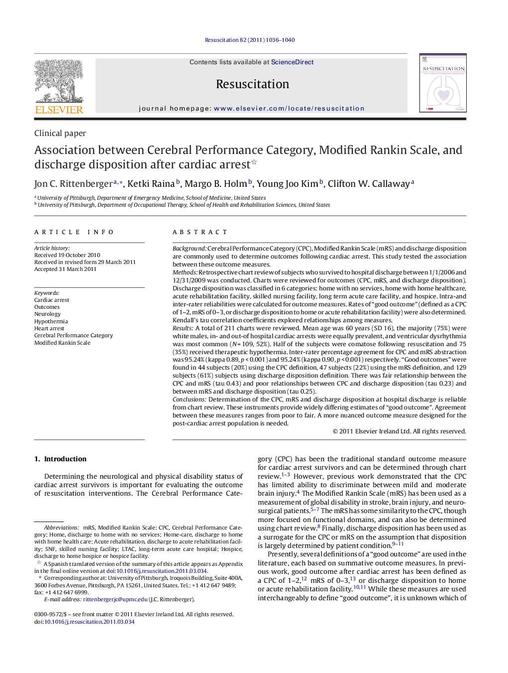 Association between Cerebral Performance Category, Modified Rankin Scale, and discharge disposition after cardiac arrest