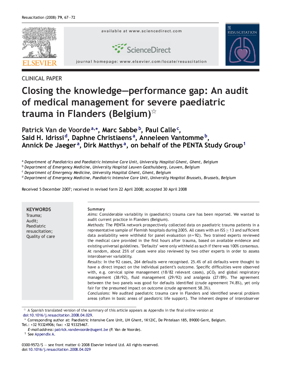 Closing the knowledge–performance gap: An audit of medical management for severe paediatric trauma in Flanders (Belgium) 