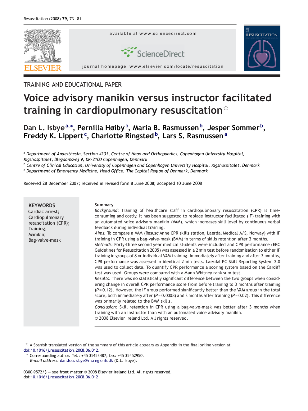 Voice advisory manikin versus instructor facilitated training in cardiopulmonary resuscitation 