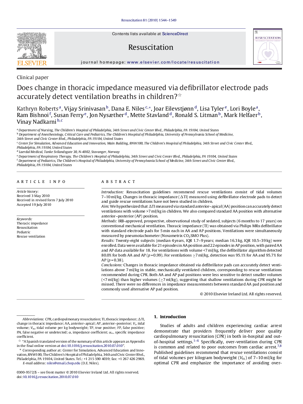 Does change in thoracic impedance measured via defibrillator electrode pads accurately detect ventilation breaths in children? 