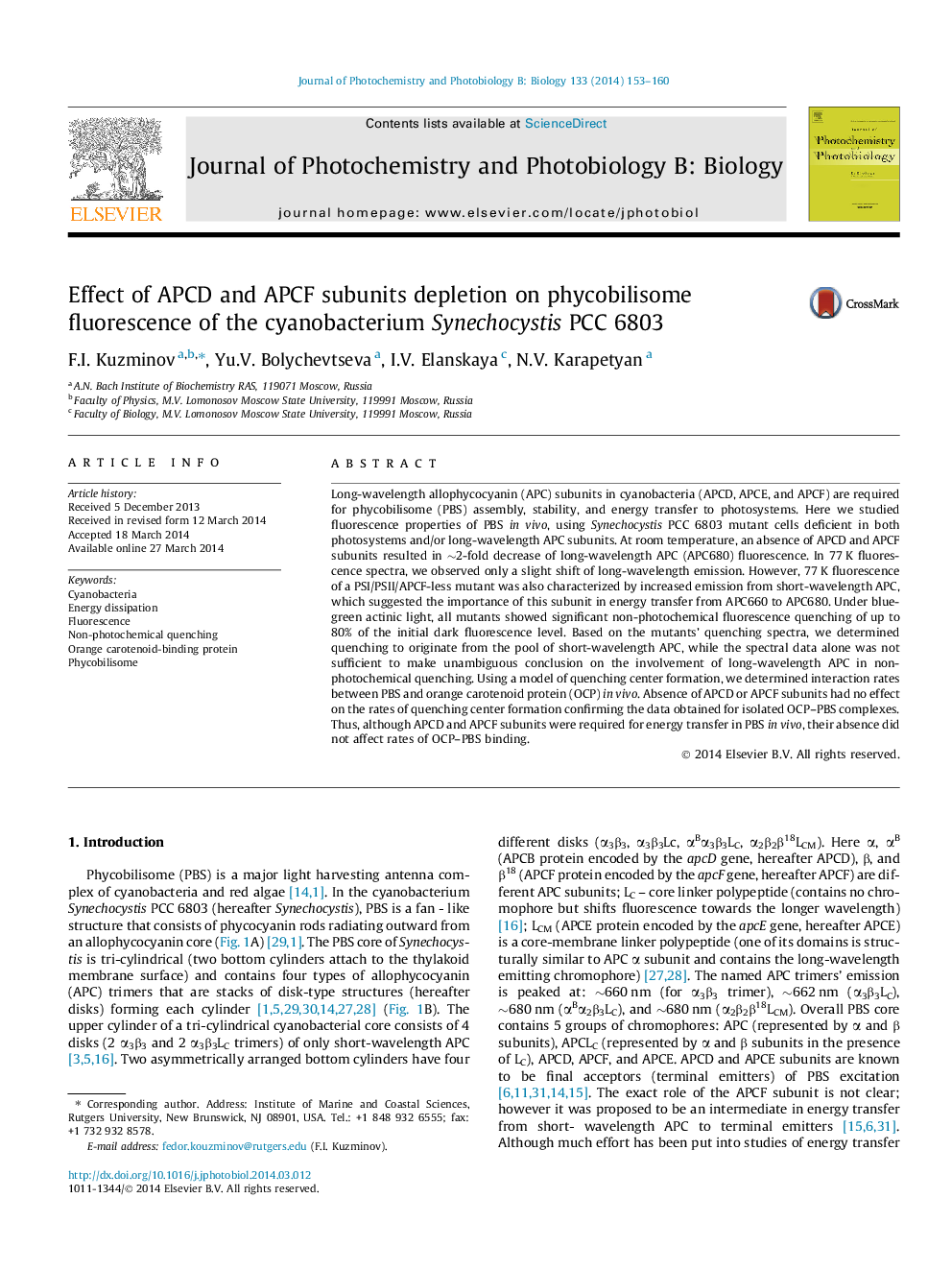 Effect of APCD and APCF subunits depletion on phycobilisome fluorescence of the cyanobacterium Synechocystis PCC 6803