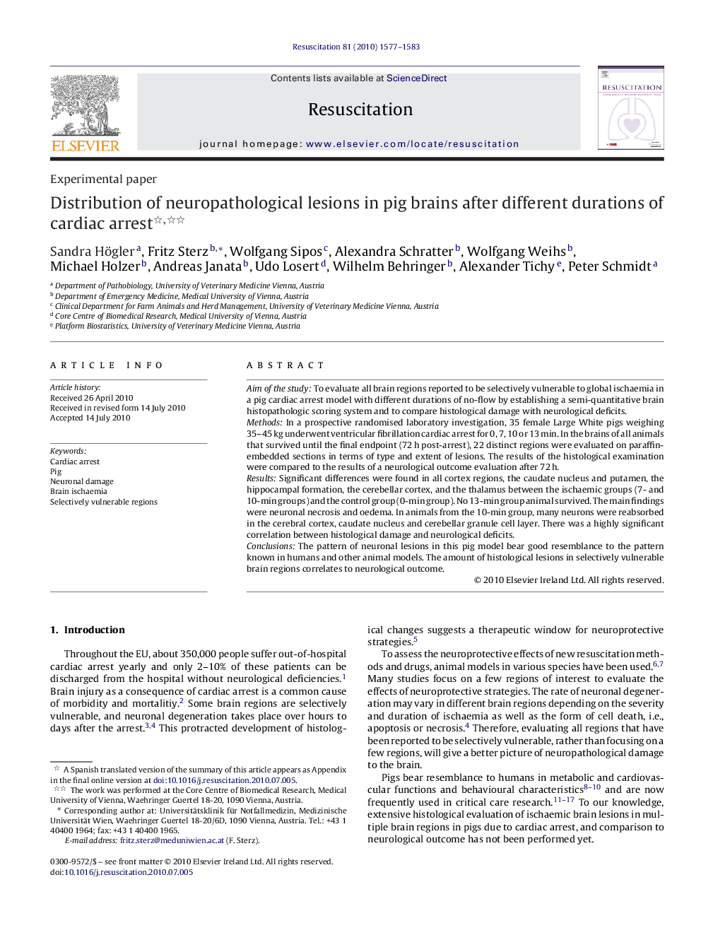 Distribution of neuropathological lesions in pig brains after different durations of cardiac arrest 