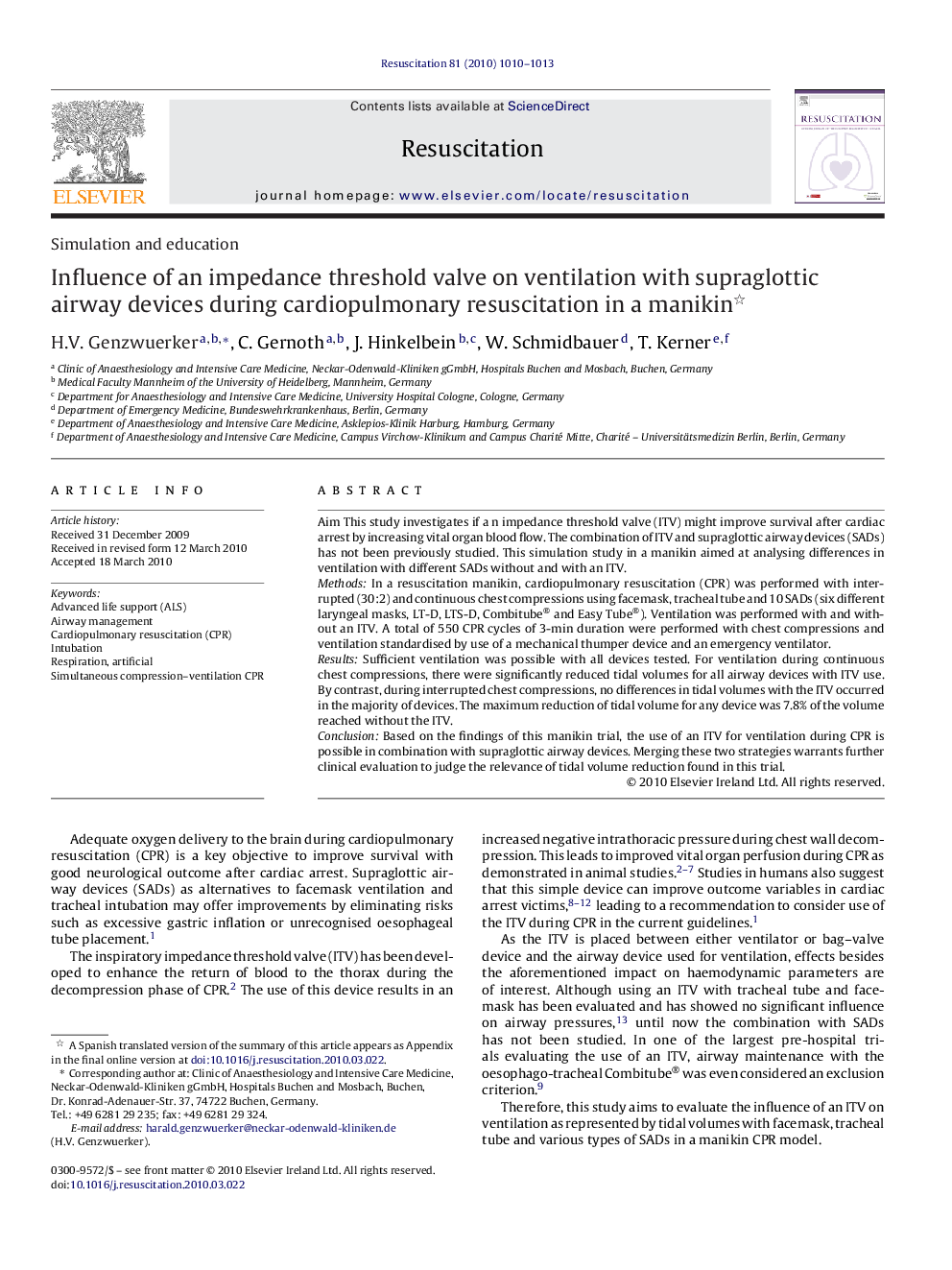 Influence of an impedance threshold valve on ventilation with supraglottic airway devices during cardiopulmonary resuscitation in a manikin 