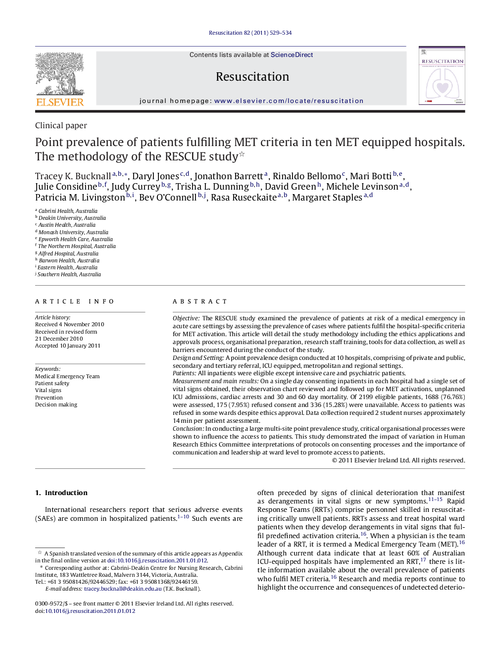 Point prevalence of patients fulfilling MET criteria in ten MET equipped hospitals. The methodology of the RESCUE study 