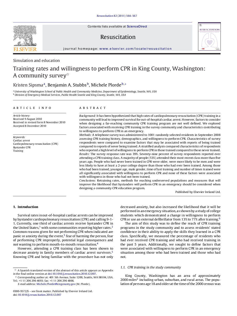 Training rates and willingness to perform CPR in King County, Washington: A community survey 