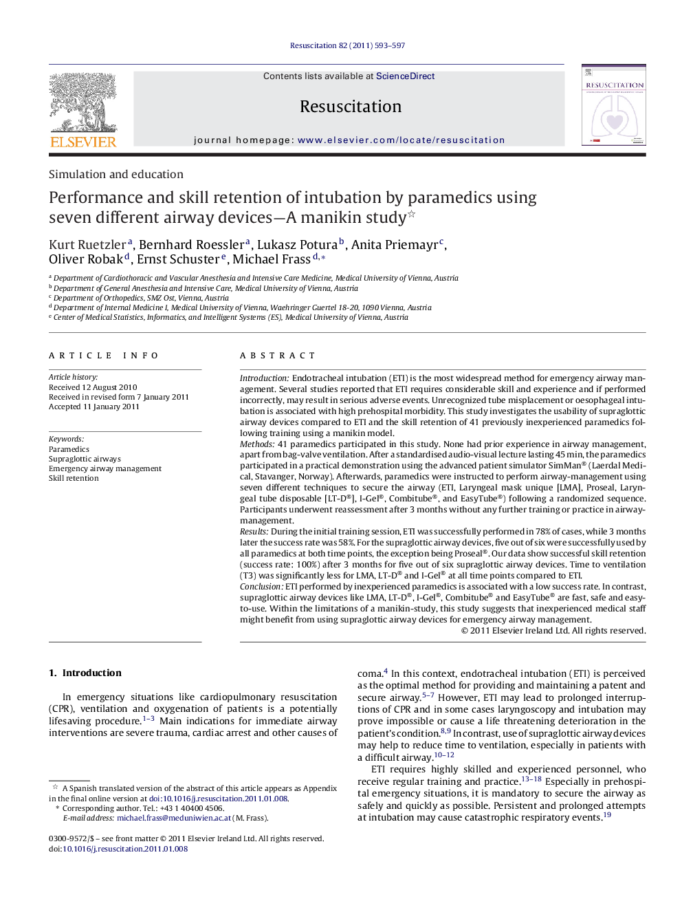 Performance and skill retention of intubation by paramedics using seven different airway devices—A manikin study 