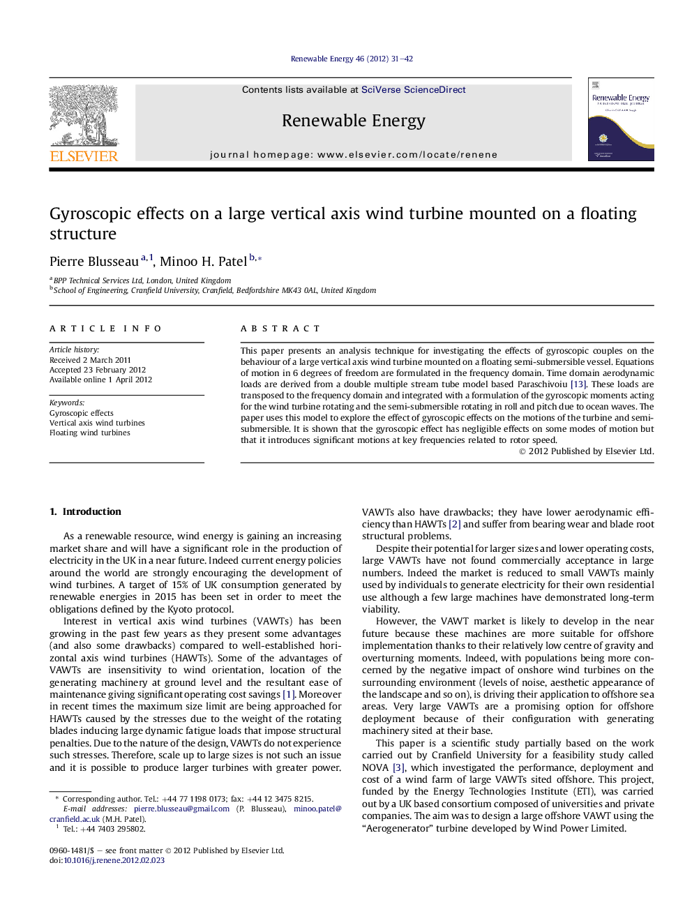 Gyroscopic effects on a large vertical axis wind turbine mounted on a floating structure