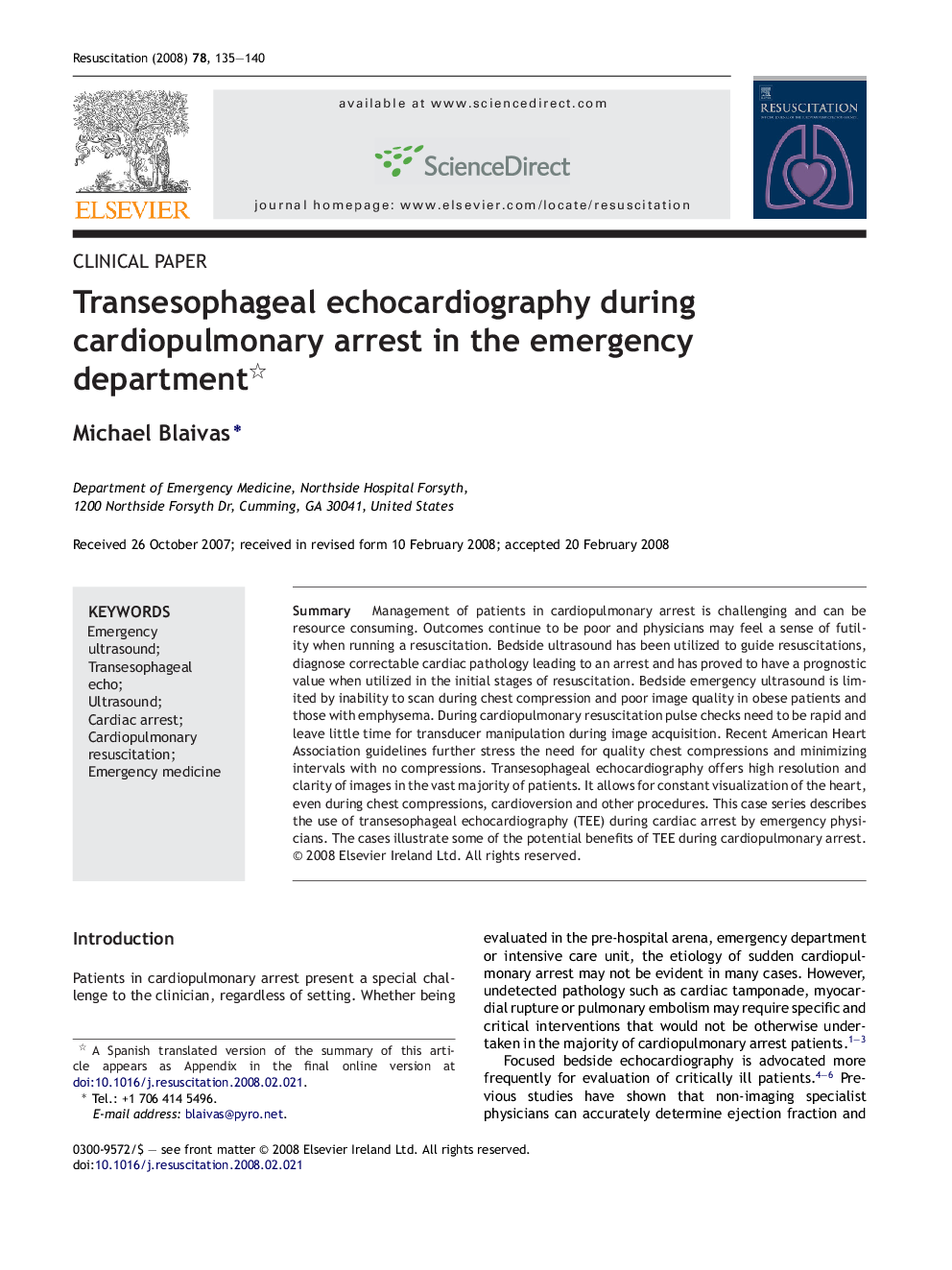 Transesophageal echocardiography during cardiopulmonary arrest in the emergency department 