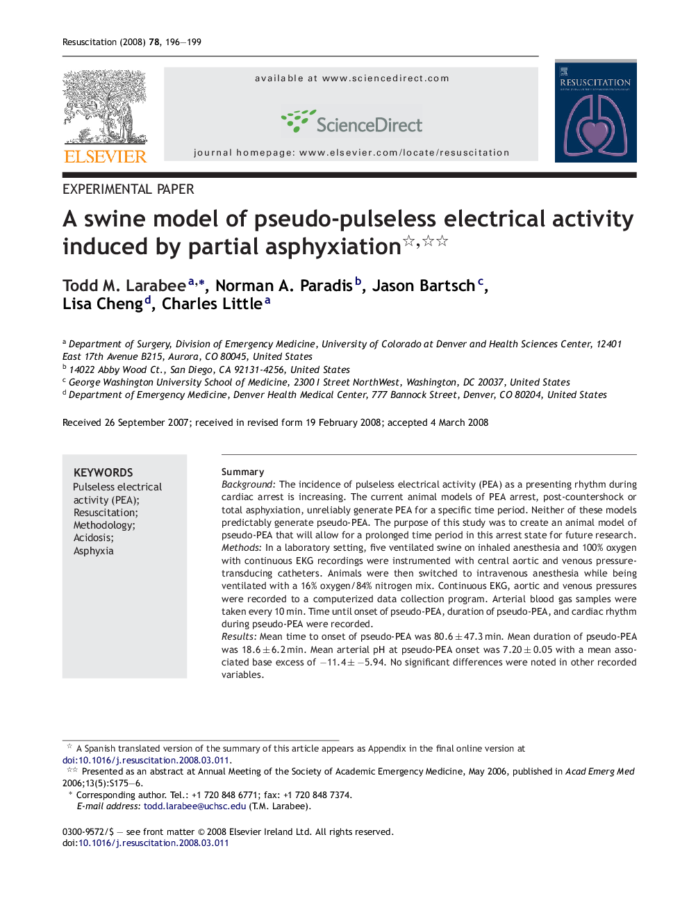 A swine model of pseudo-pulseless electrical activity induced by partial asphyxiation 