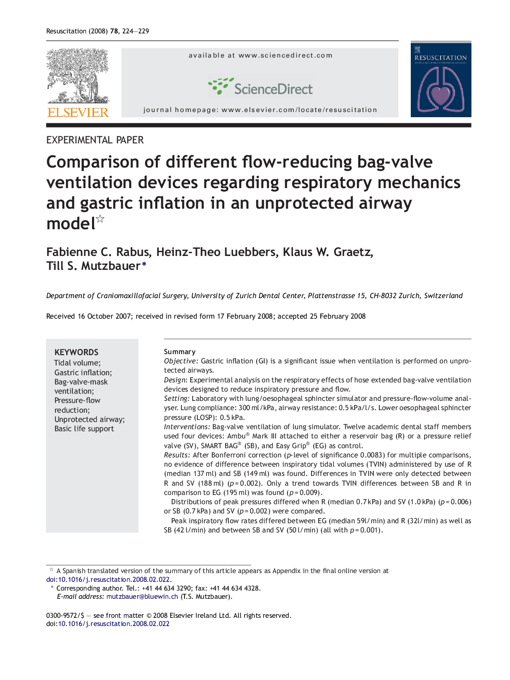 Comparison of different flow-reducing bag-valve ventilation devices regarding respiratory mechanics and gastric inflation in an unprotected airway model