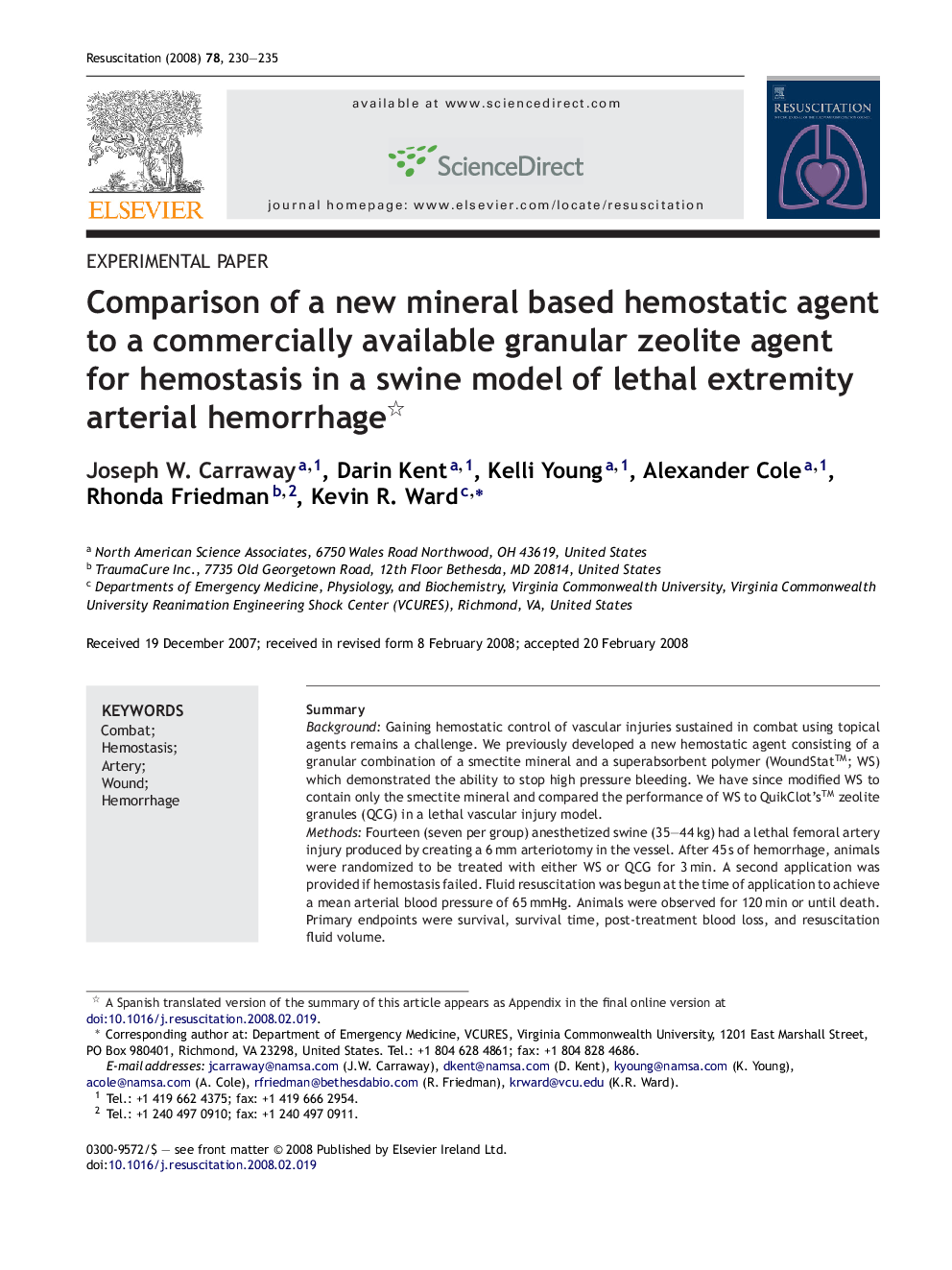 Comparison of a new mineral based hemostatic agent to a commercially available granular zeolite agent for hemostasis in a swine model of lethal extremity arterial hemorrhage 