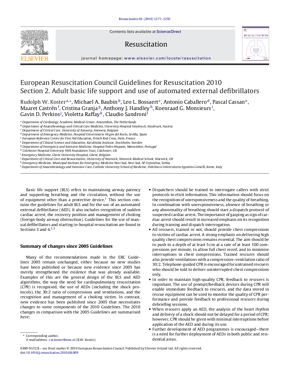 European Resuscitation Council Guidelines for Resuscitation 2010 Section 2. Adult basic life support and use of automated external defibrillators