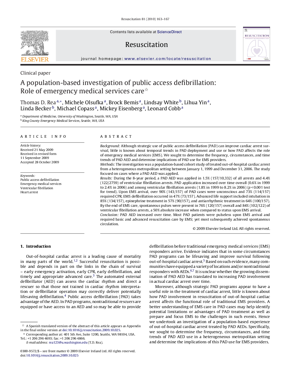 A population-based investigation of public access defibrillation: Role of emergency medical services care 