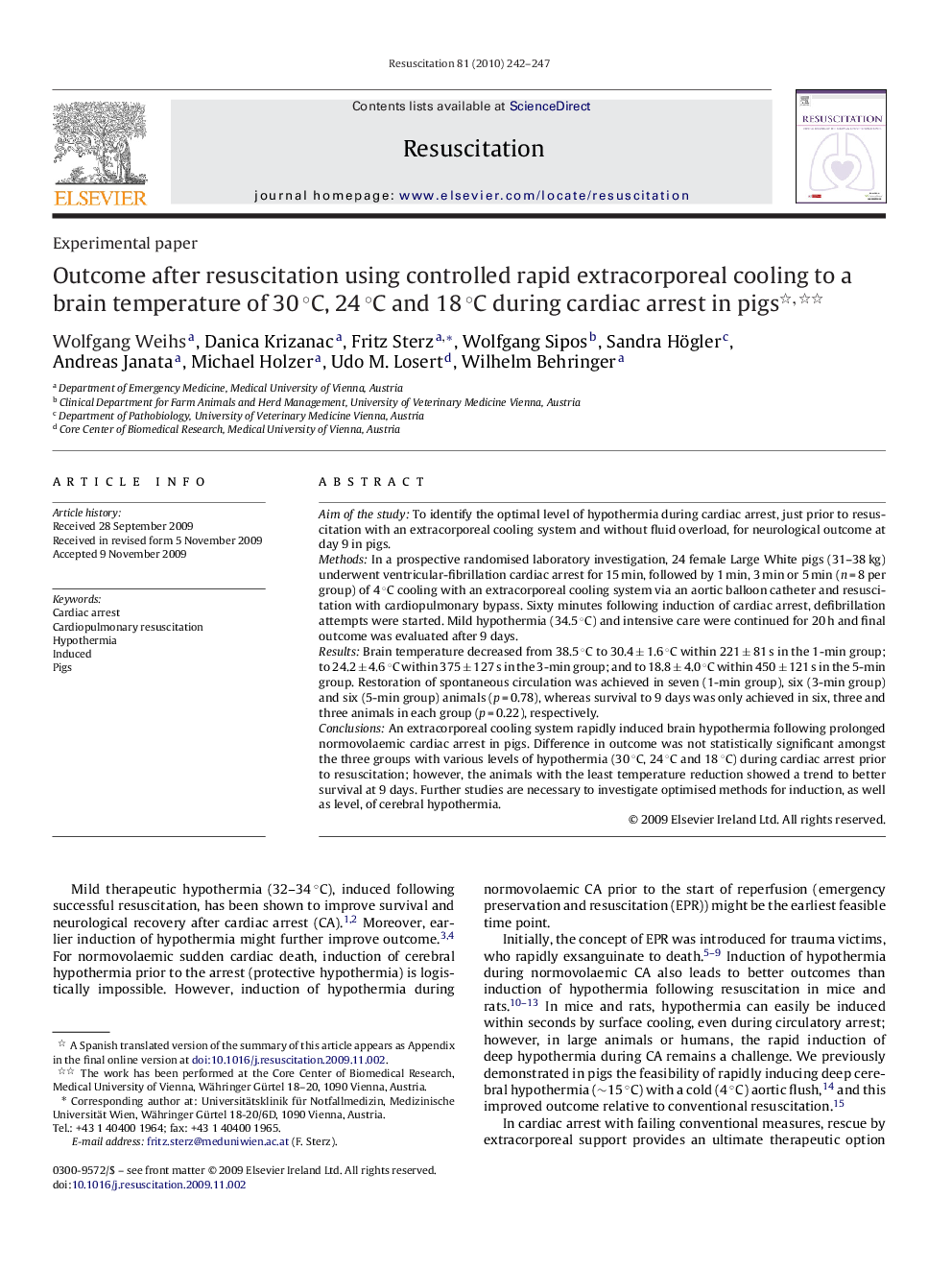 Outcome after resuscitation using controlled rapid extracorporeal cooling to a brain temperature of 30 °C, 24 °C and 18 °C during cardiac arrest in pigs 