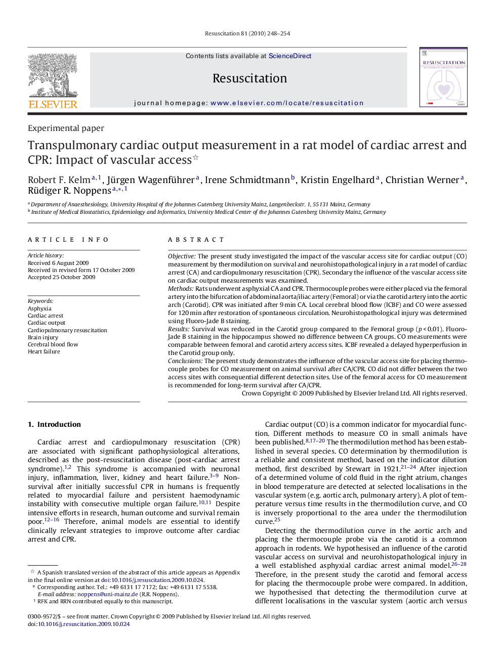 Transpulmonary cardiac output measurement in a rat model of cardiac arrest and CPR: Impact of vascular access 