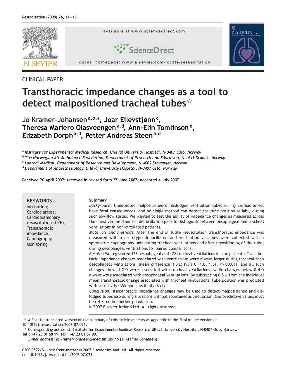 Transthoracic impedance changes as a tool to detect malpositioned tracheal tubes 