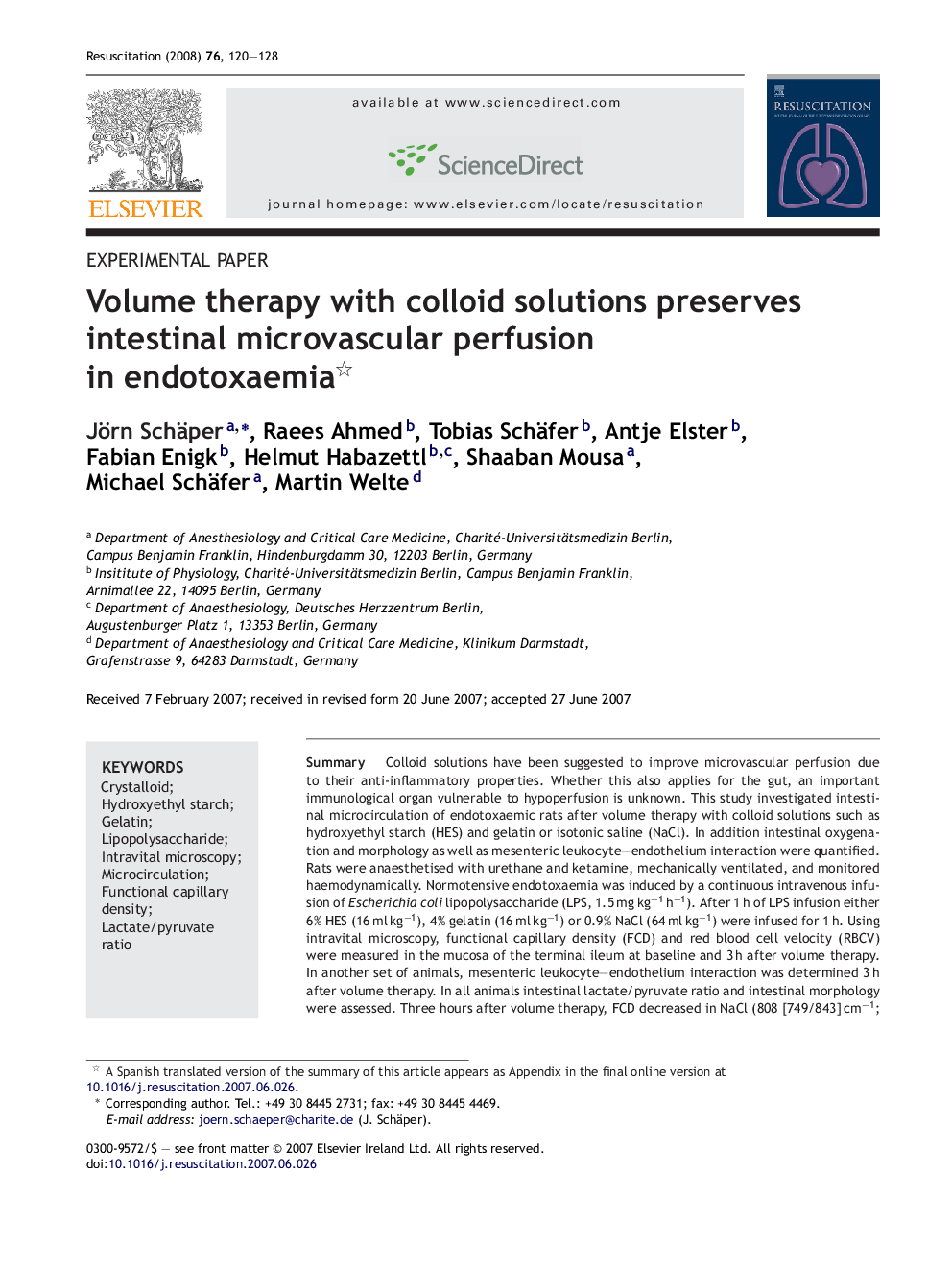 Volume therapy with colloid solutions preserves intestinal microvascular perfusion in endotoxaemia 