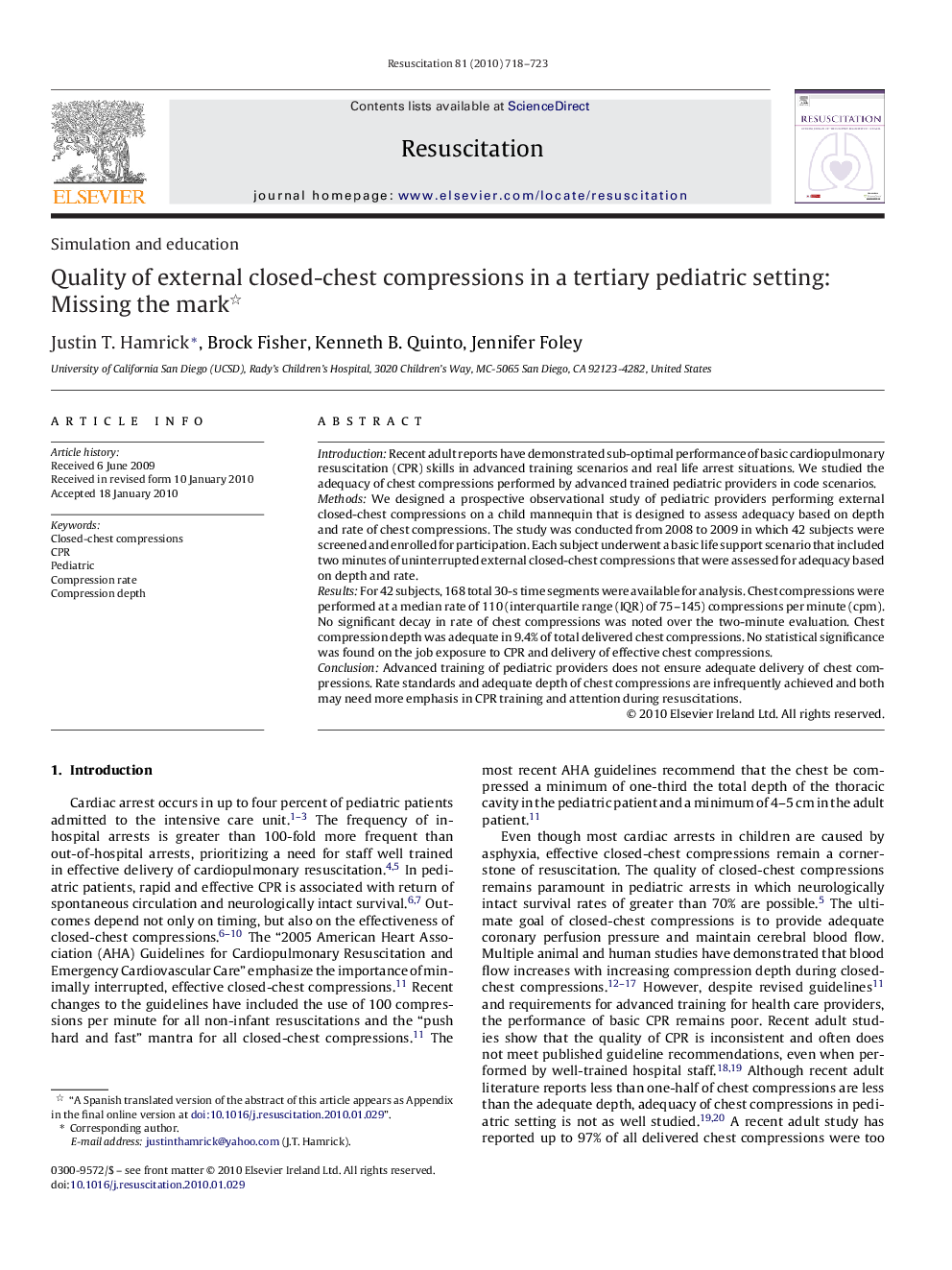 Quality of external closed-chest compressions in a tertiary pediatric setting: Missing the mark 