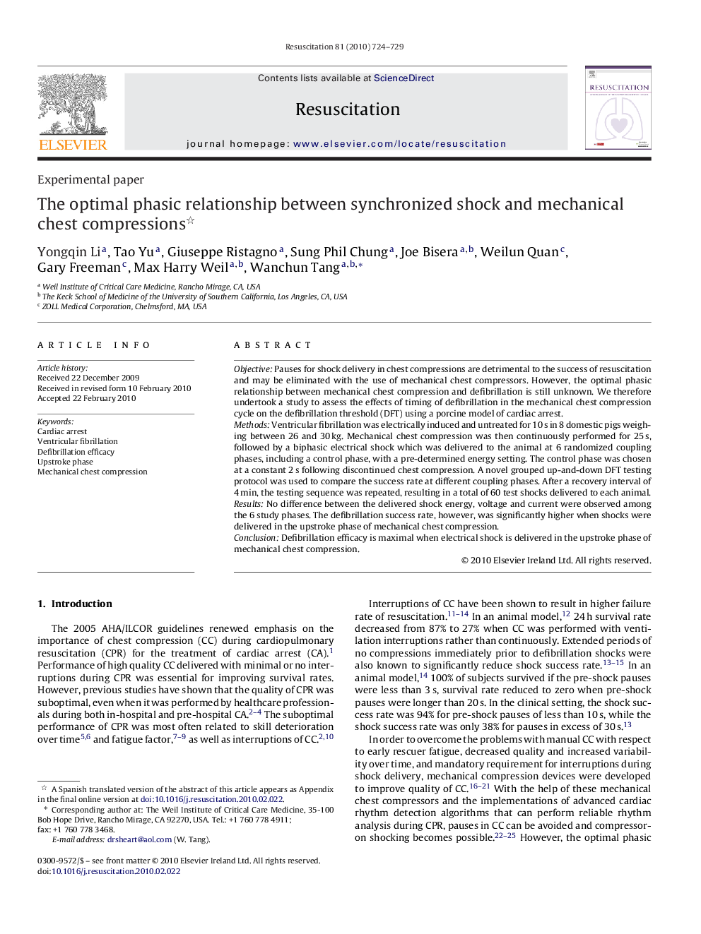 The optimal phasic relationship between synchronized shock and mechanical chest compressions 