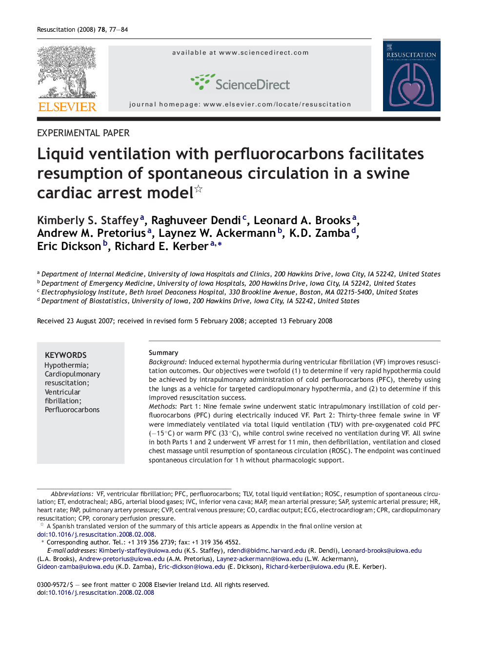 Liquid ventilation with perfluorocarbons facilitates resumption of spontaneous circulation in a swine cardiac arrest model 