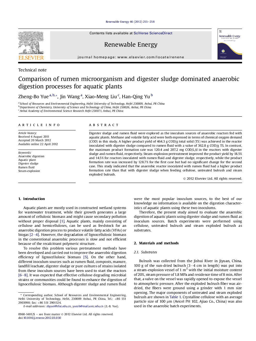 عکس صفحه اول مقاله: Comparison of rumen microorganism and digester sludge dominated anaerobic digestion processes for aquatic plants Comparison of rumen microorganism and digester sludge dominated anaerobic digestion processes for aquatic plants