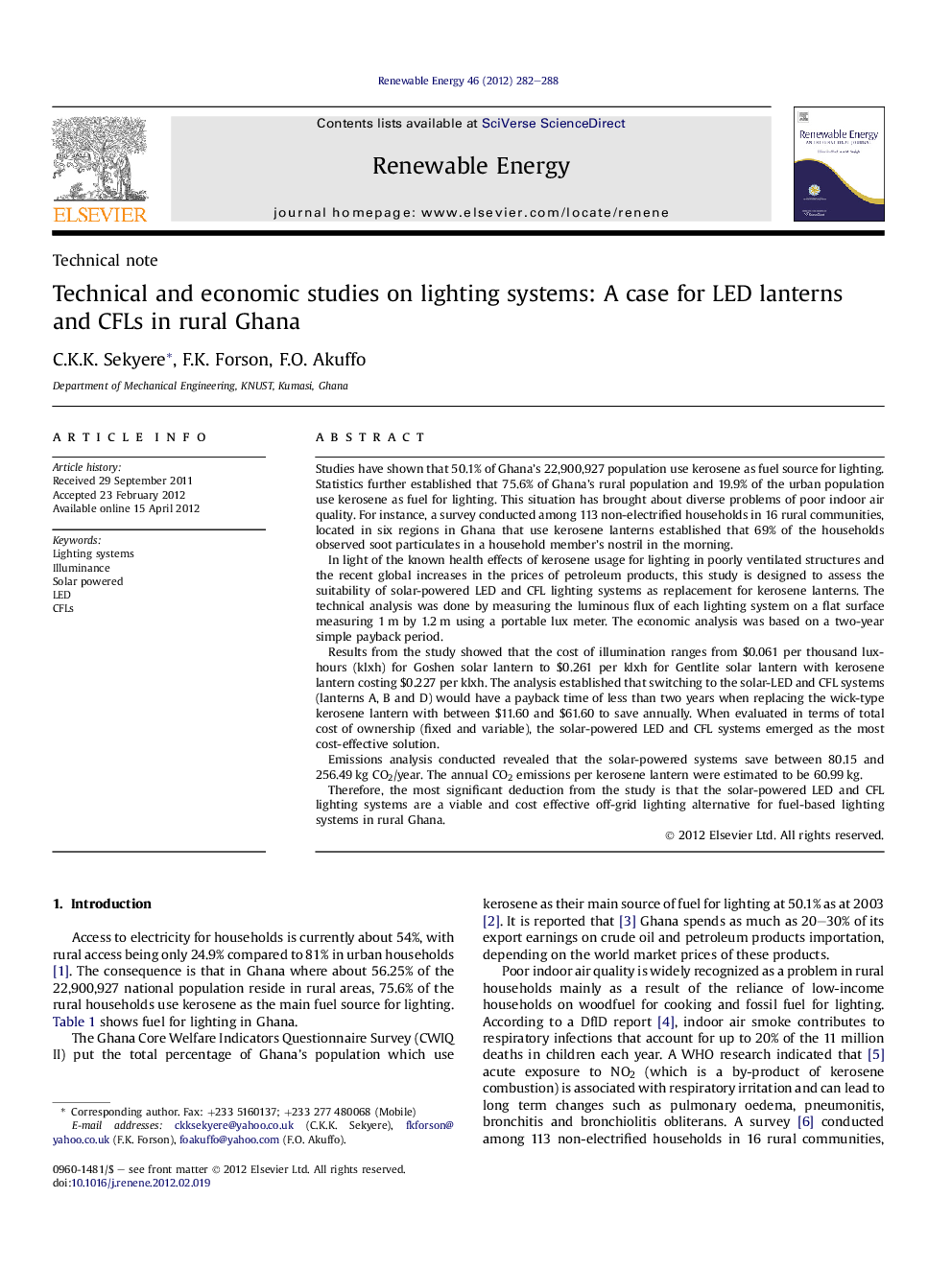 Technical and economic studies on lighting systems: A case for LED lanterns and CFLs in rural Ghana