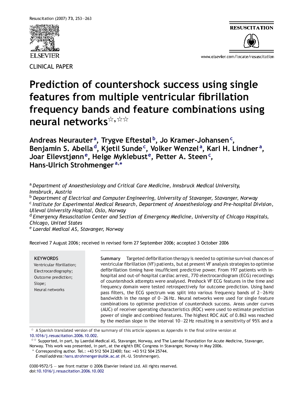 Prediction of countershock success using single features from multiple ventricular fibrillation frequency bands and feature combinations using neural networks 