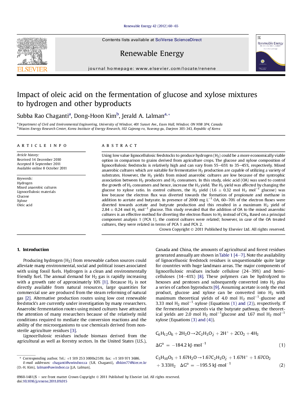 Impact of oleic acid on the fermentation of glucose and xylose mixtures to hydrogen and other byproducts