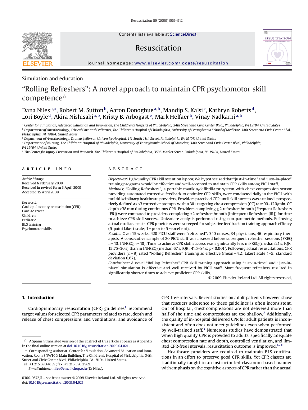 “Rolling Refreshers”: A novel approach to maintain CPR psychomotor skill competence 