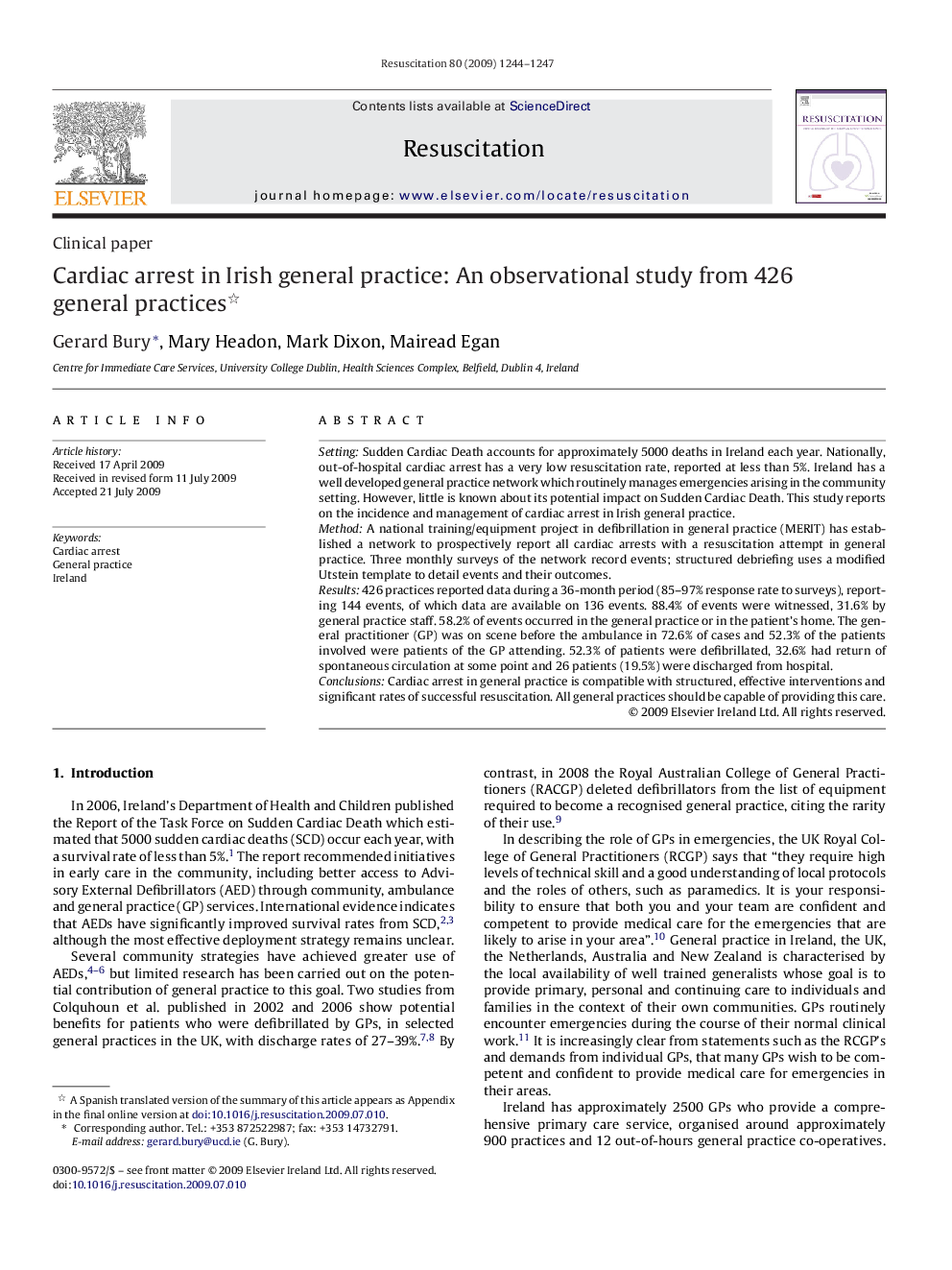 Cardiac arrest in Irish general practice: An observational study from 426 general practices 