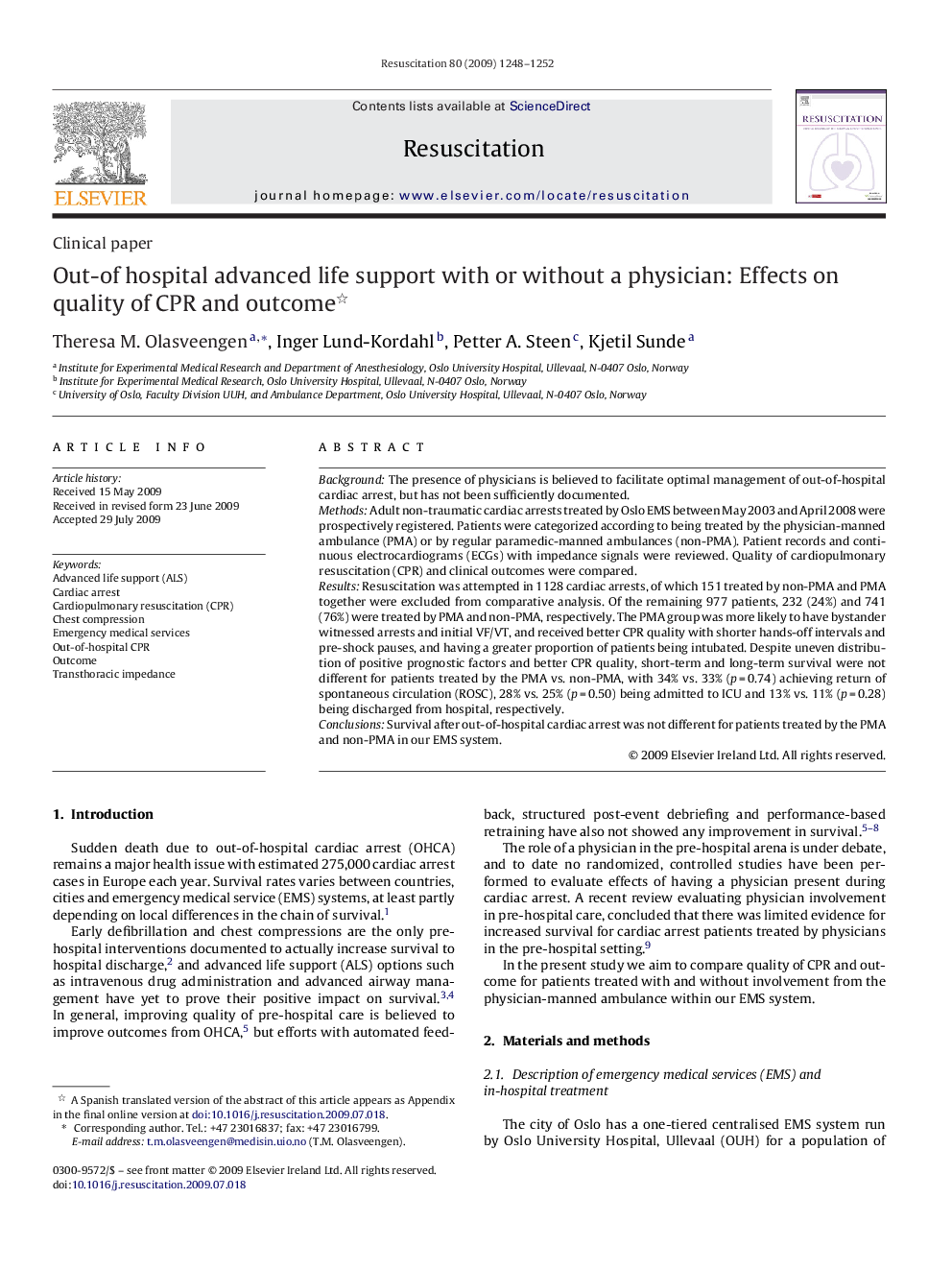 Out-of hospital advanced life support with or without a physician: Effects on quality of CPR and outcome 