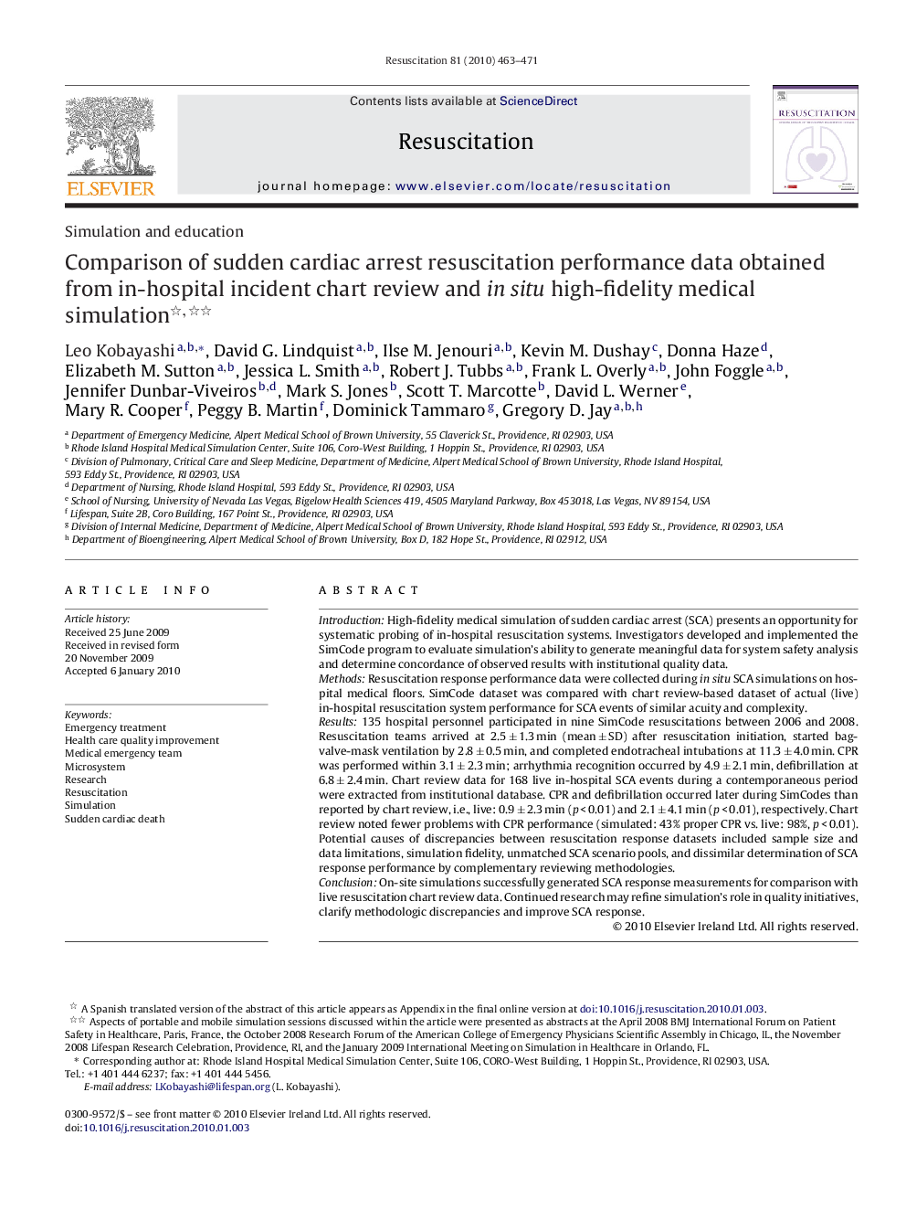 Comparison of sudden cardiac arrest resuscitation performance data obtained from in-hospital incident chart review and in situ high-fidelity medical simulation 