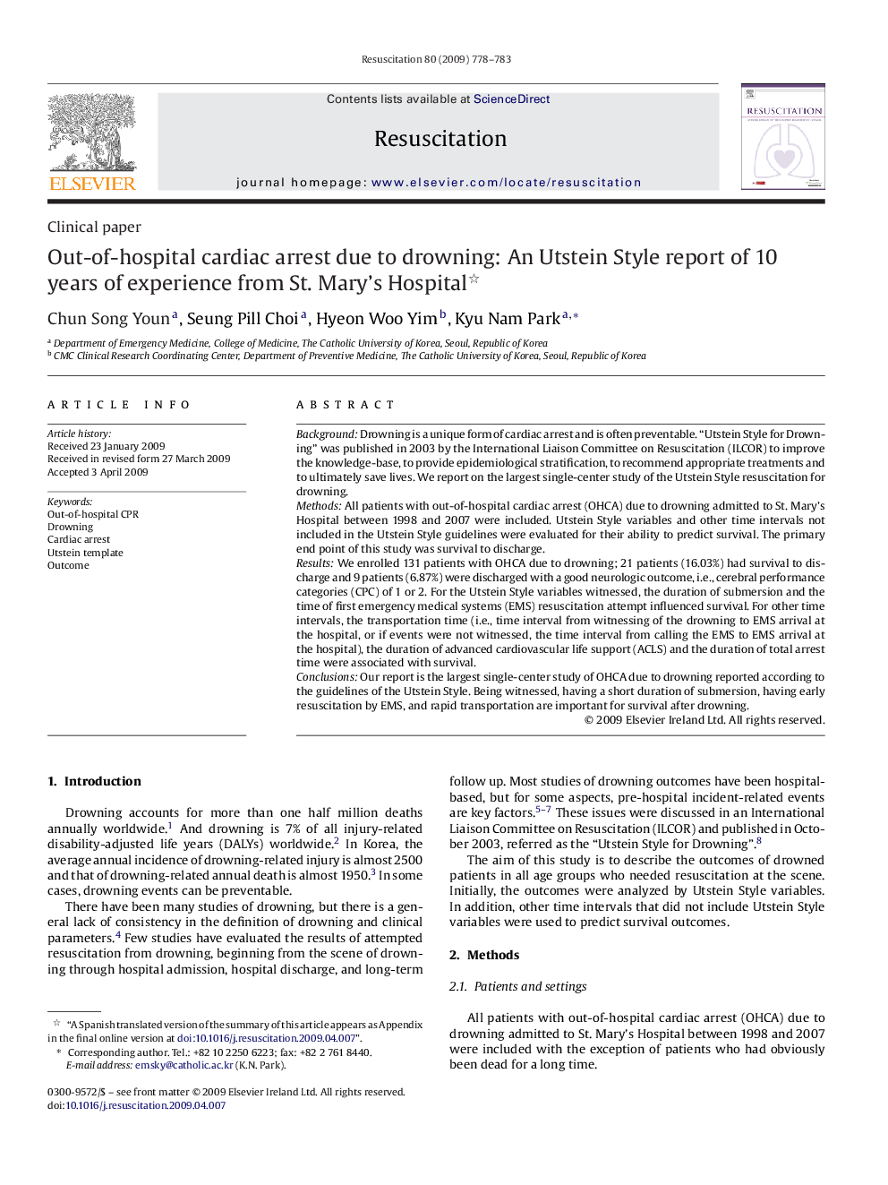 Out-of-hospital cardiac arrest due to drowning: An Utstein Style report of 10 years of experience from St. Mary's Hospital 