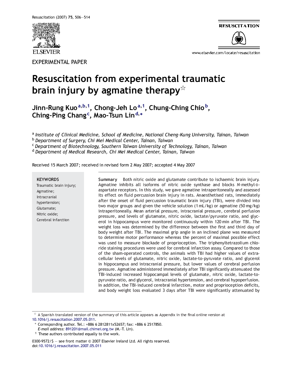 Resuscitation from experimental traumatic brain injury by agmatine therapy 