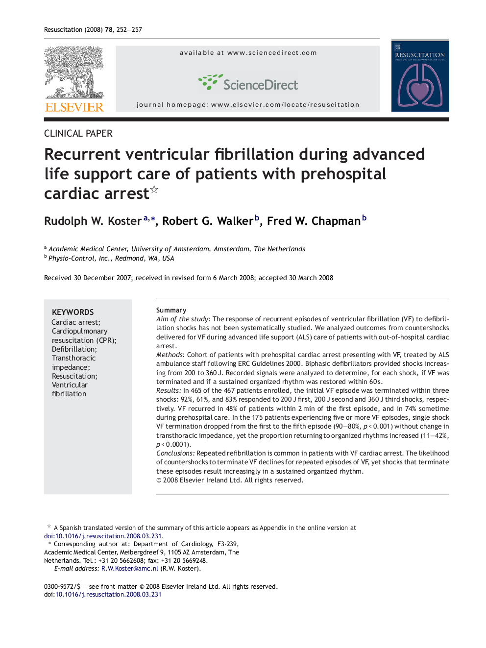 Recurrent ventricular fibrillation during advanced life support care of patients with prehospital cardiac arrest 