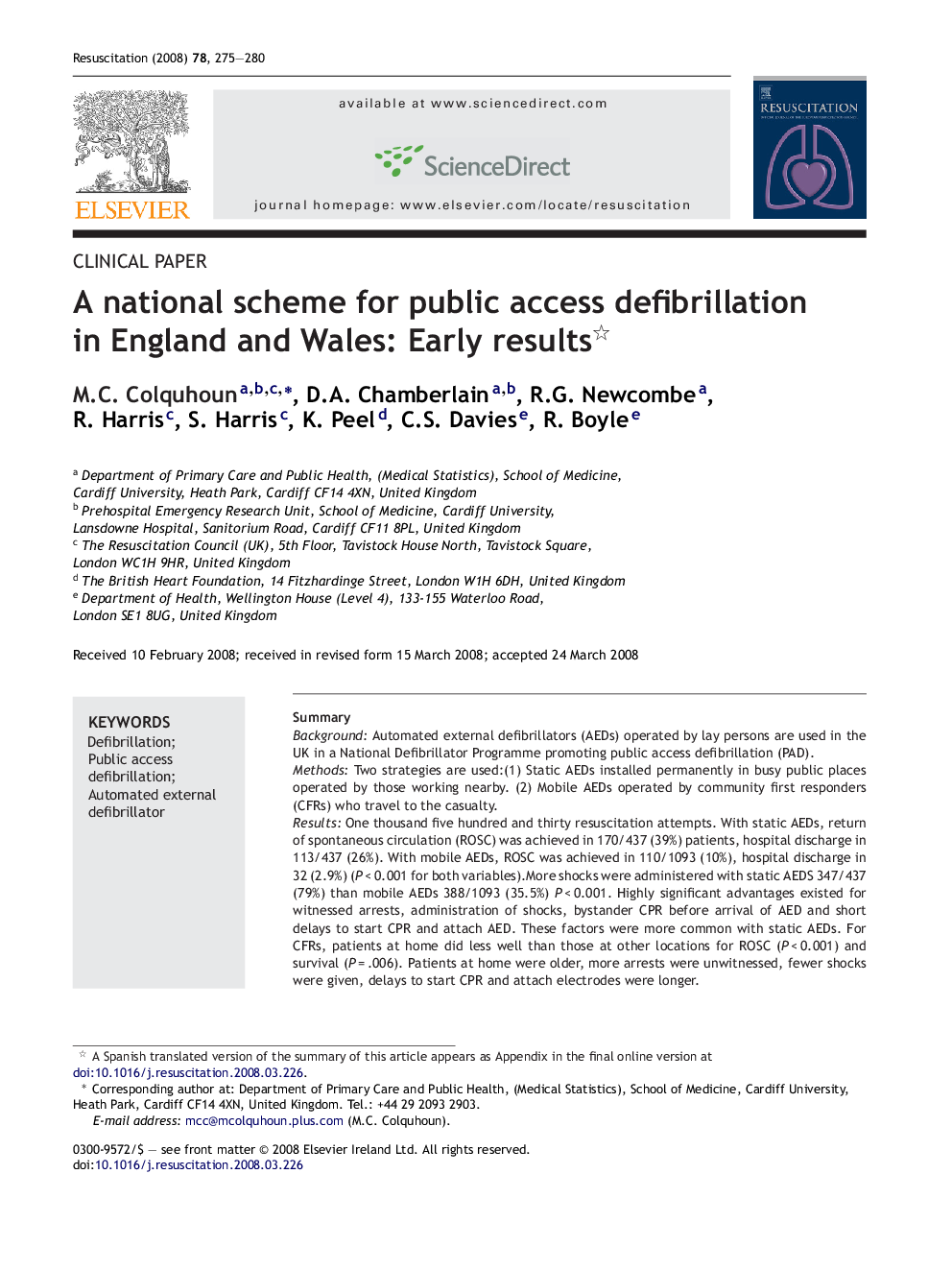 A national scheme for public access defibrillation in England and Wales: Early results 