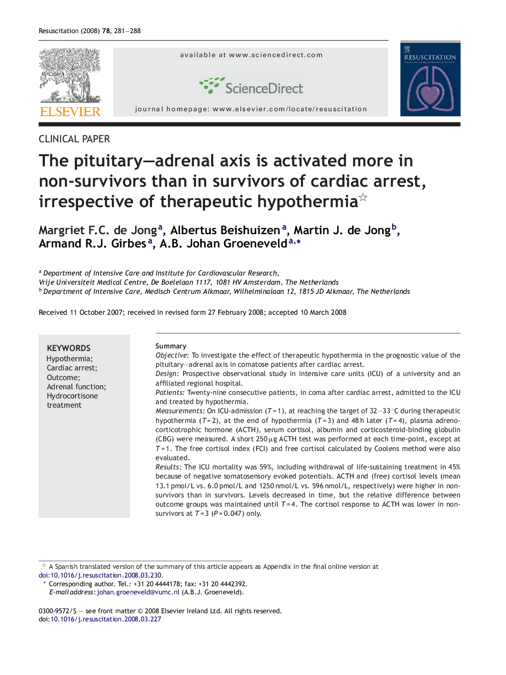 The pituitary–adrenal axis is activated more in non-survivors than in survivors of cardiac arrest, irrespective of therapeutic hypothermia 