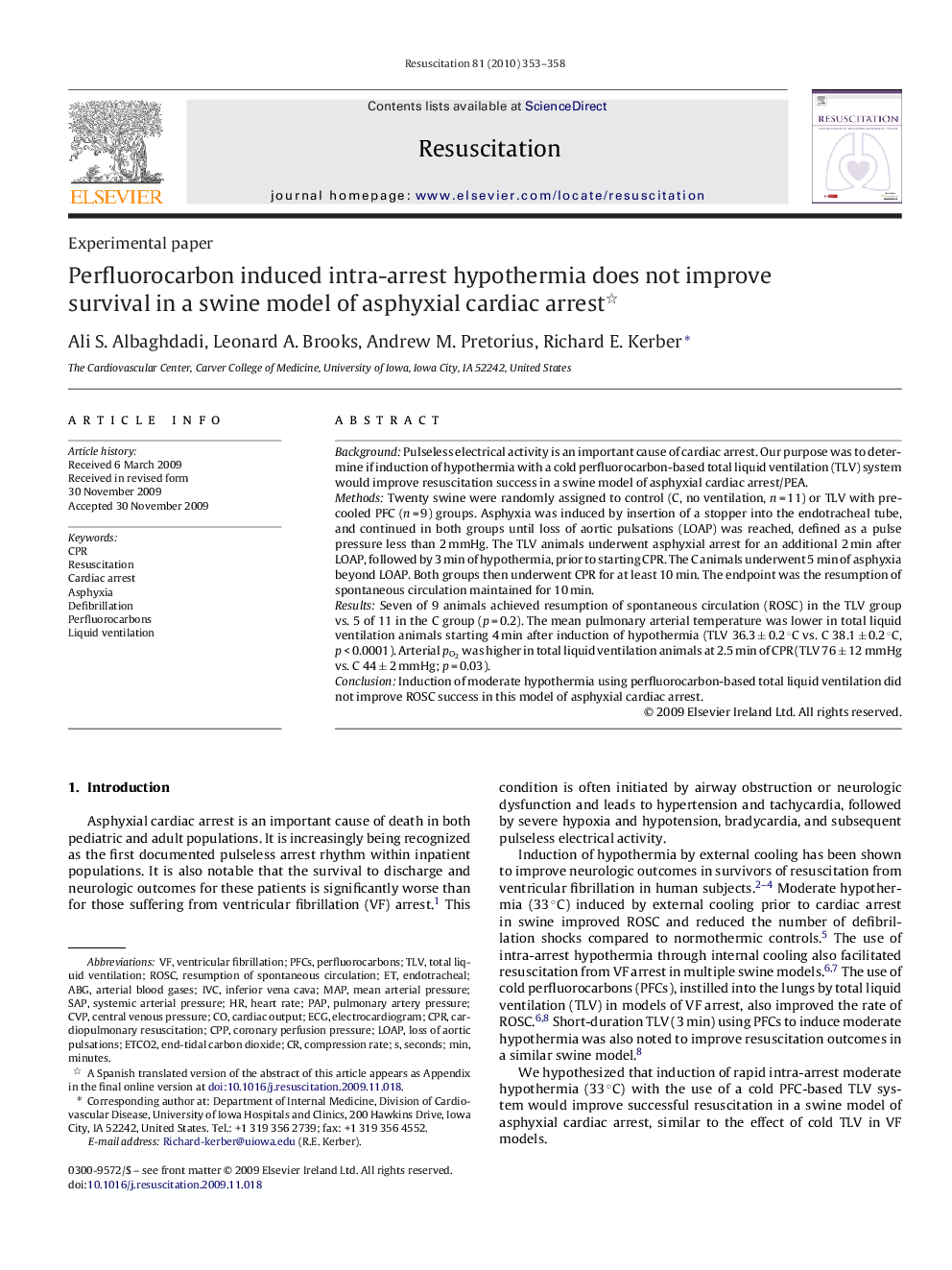 Perfluorocarbon induced intra-arrest hypothermia does not improve survival in a swine model of asphyxial cardiac arrest 