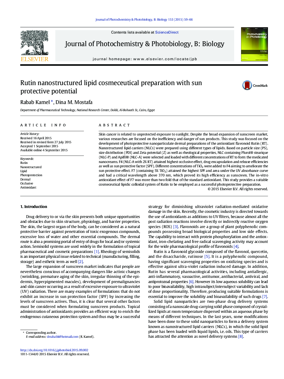 Rutin nanostructured lipid cosmeceutical preparation with sun protective potential